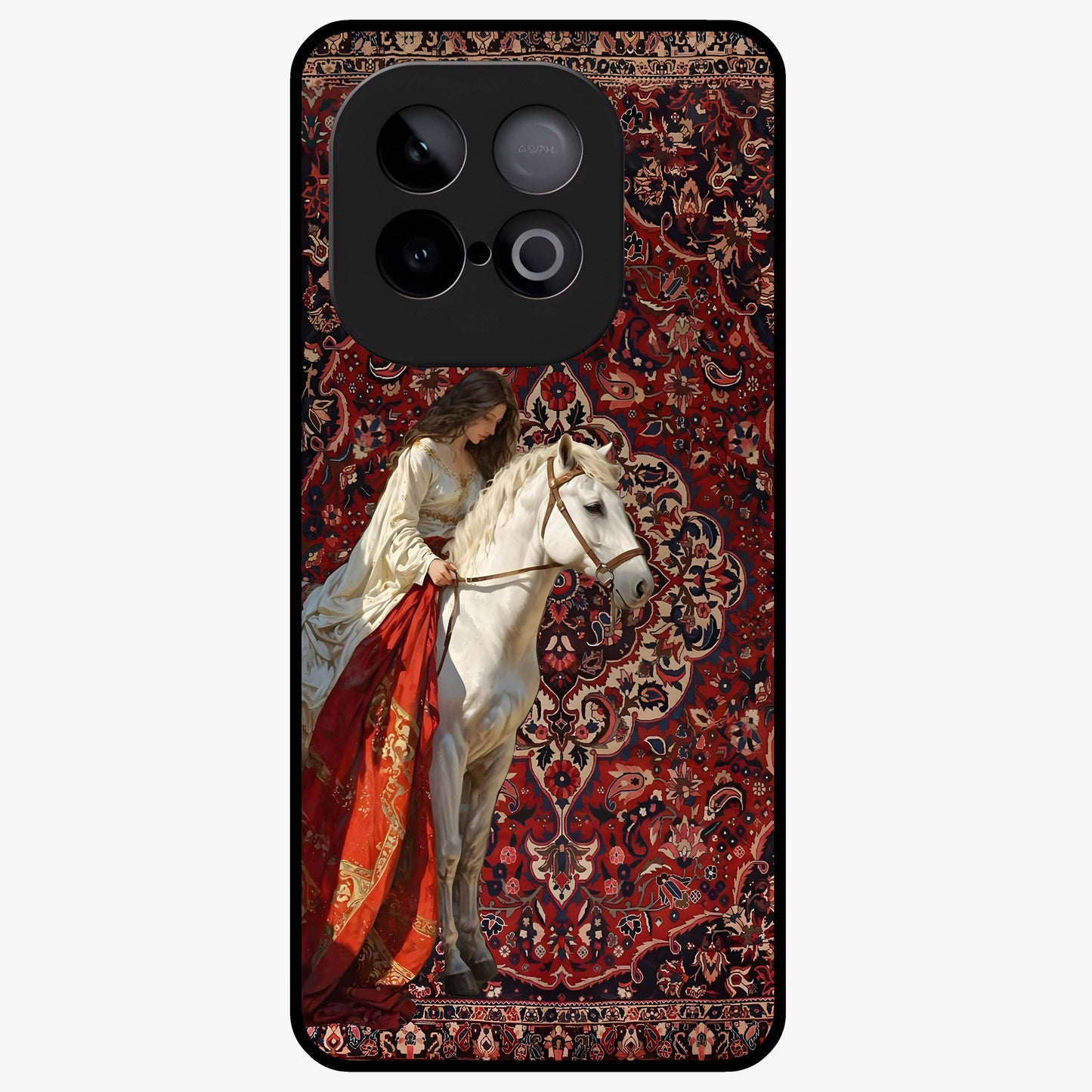 Royal Rider Tapestry Glass Case showing flat back view with majestic horse rider tapestry artwork and glossy glass finish.