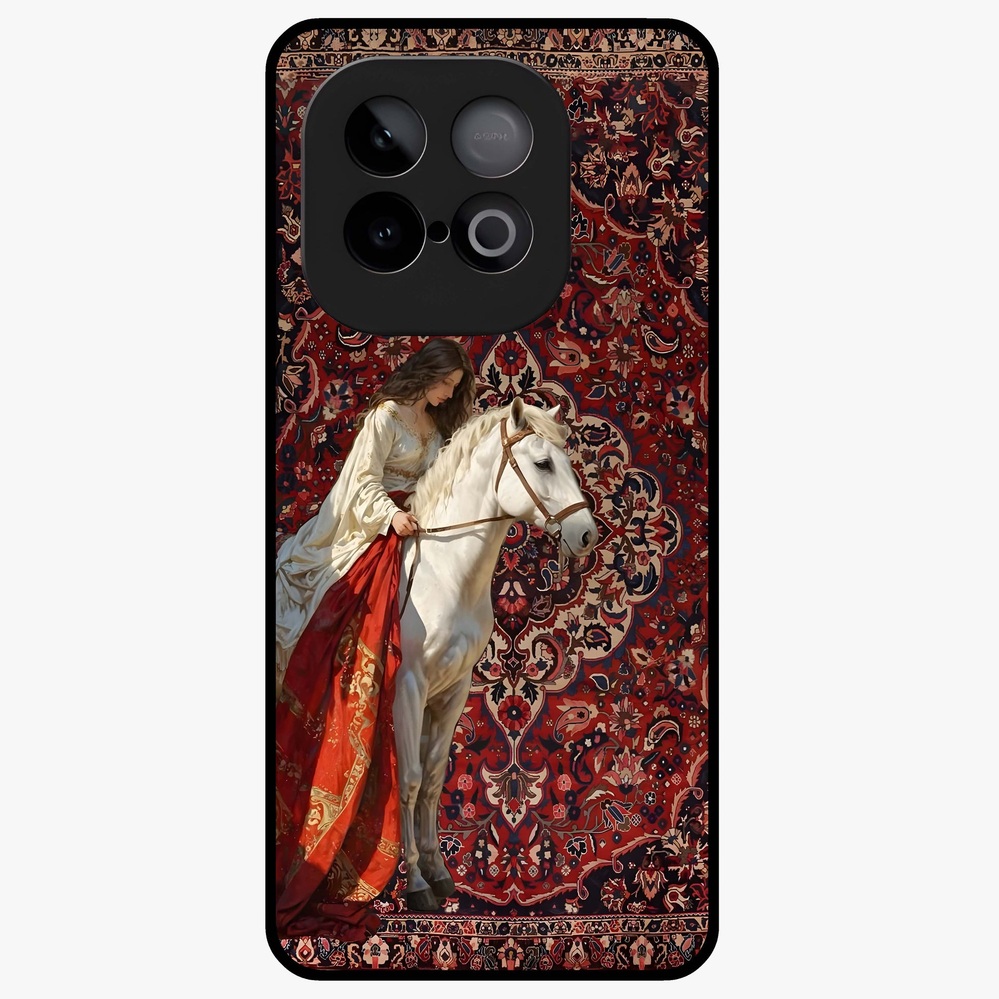 Royal Rider Tapestry Glass Case showing flat back view with majestic horse rider tapestry artwork and glossy glass finish.
