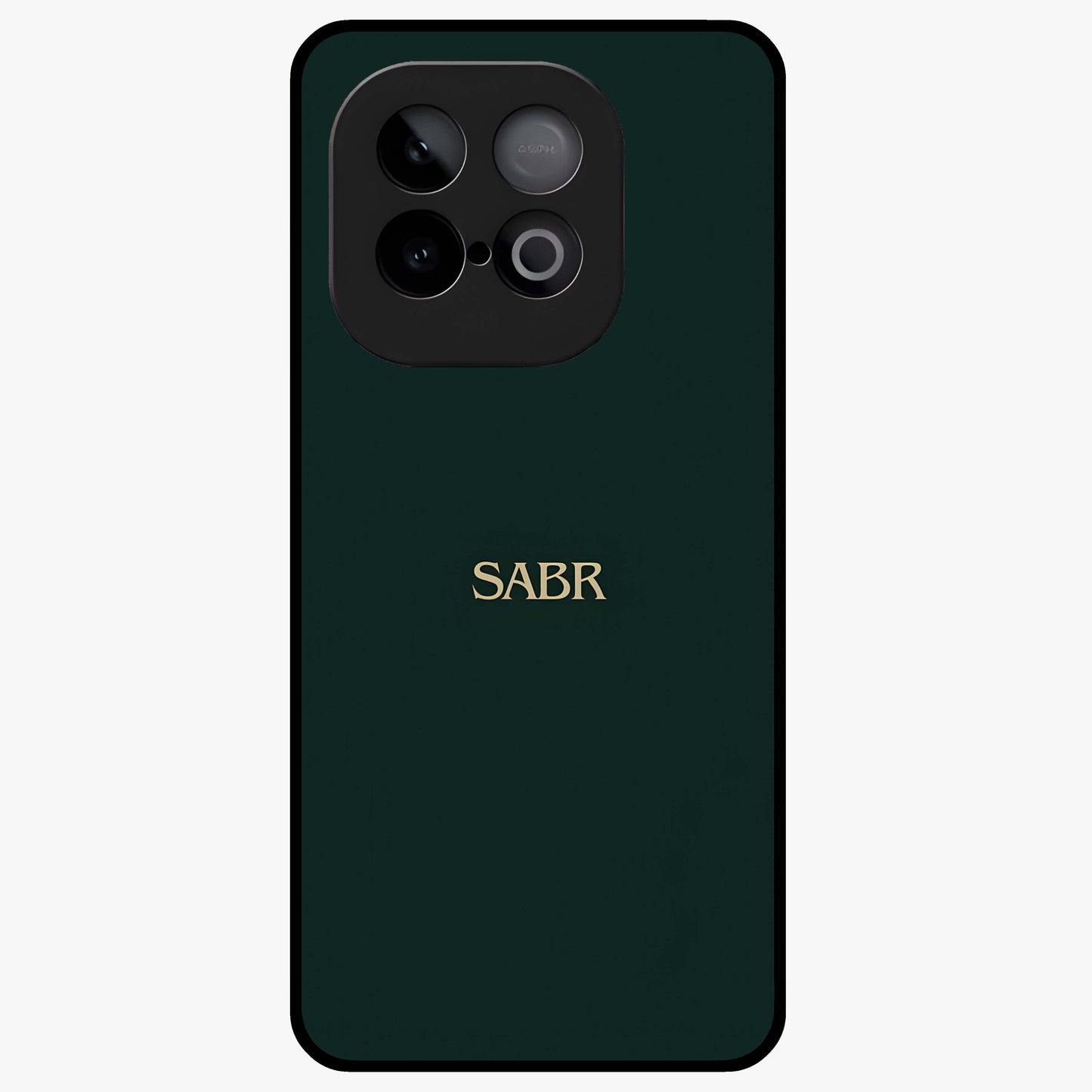 Sabr Minimal Patience Glass Case showing flat back view with minimalist typography artwork and glossy glass finish.