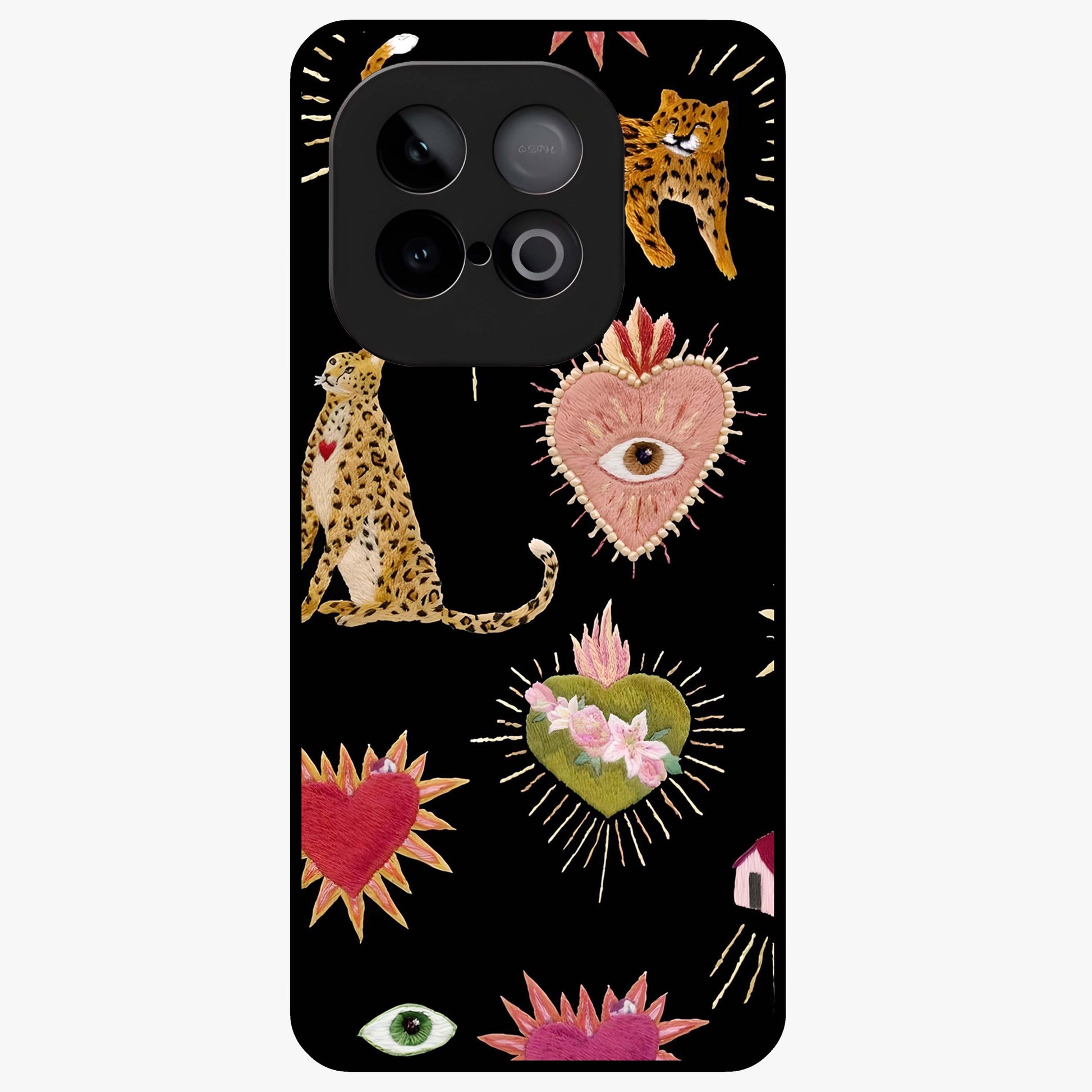 Sacred Jungle Heart Glass Case showing flat back view with jungle inspired heart artwork and glossy glass finish.