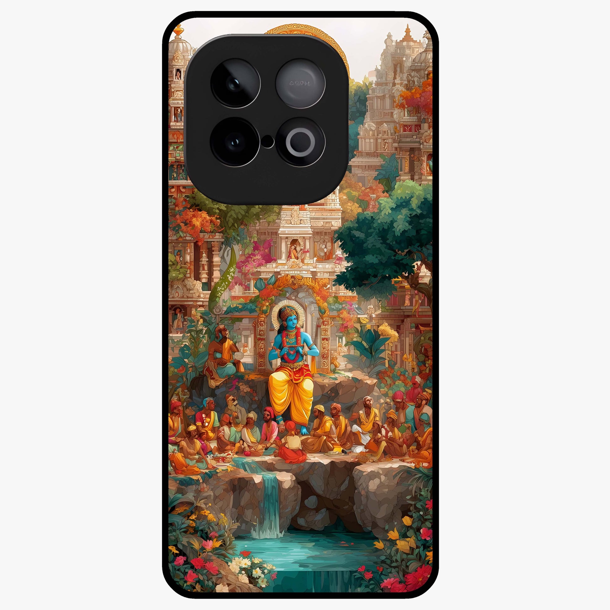 Sacred Sunlight Gods Glass Case showing flat back view with divine sunlight themed artwork and glossy glass finish.