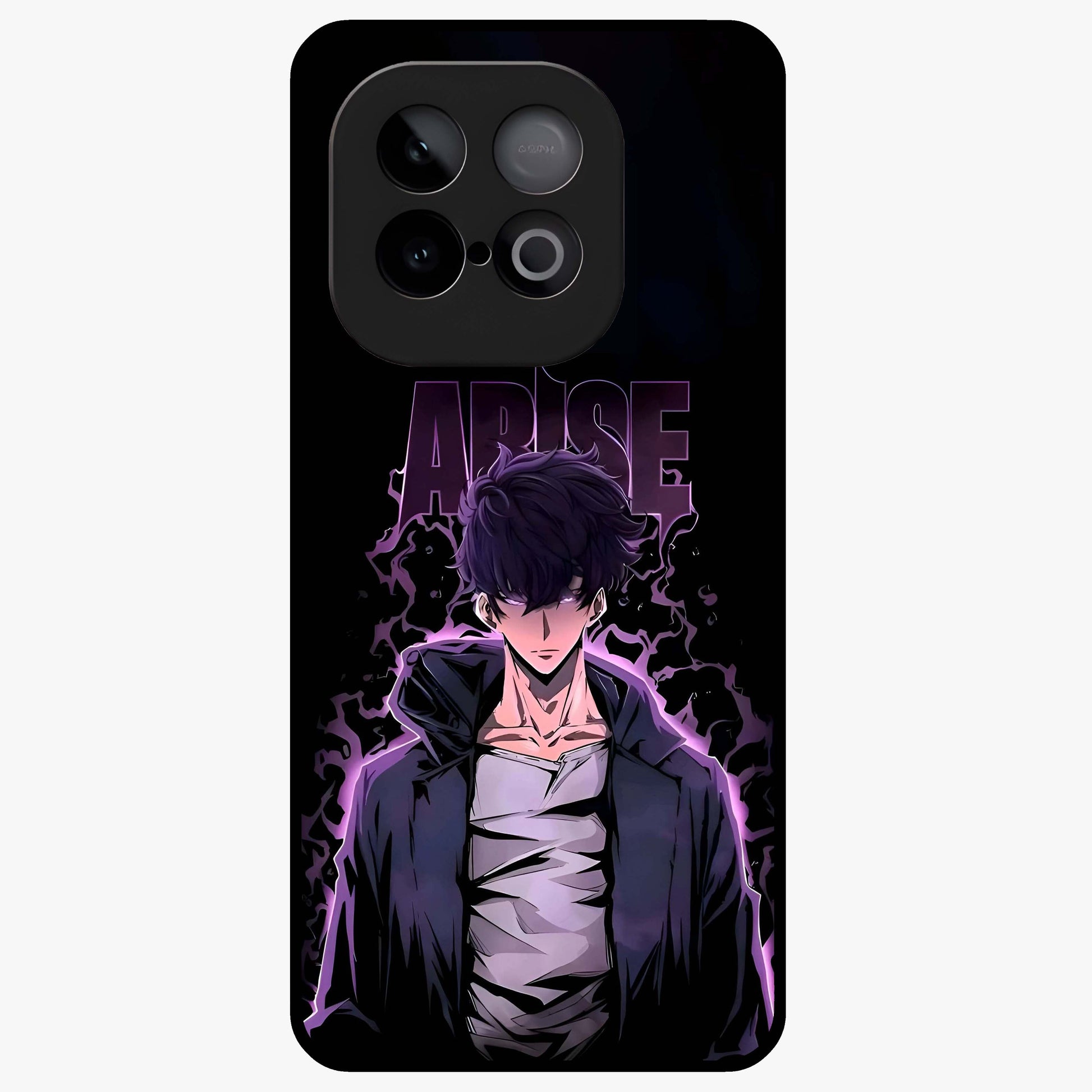 Shadow Monarch Awakening Glass Case showing flat back view with powerful dark monarch themed artwork and glossy glass finish.