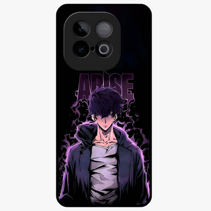 Shadow Monarch Awakening Glass Case showing flat back view with powerful dark monarch themed artwork and glossy glass finish.