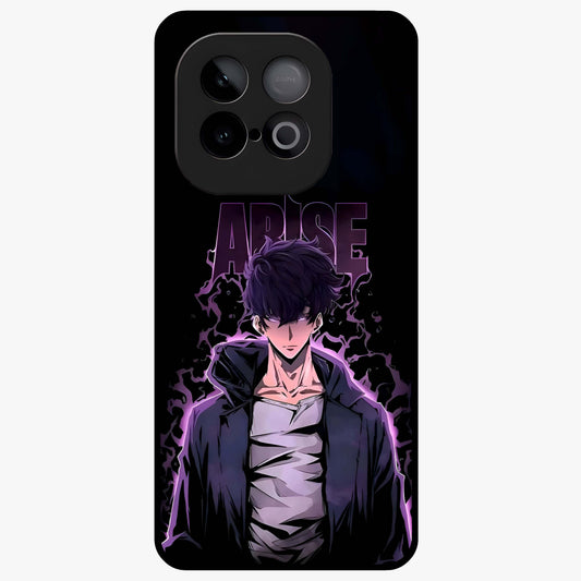 Shadow Monarch Awakening Glass Case showing flat back view with powerful dark monarch themed artwork and glossy glass finish.