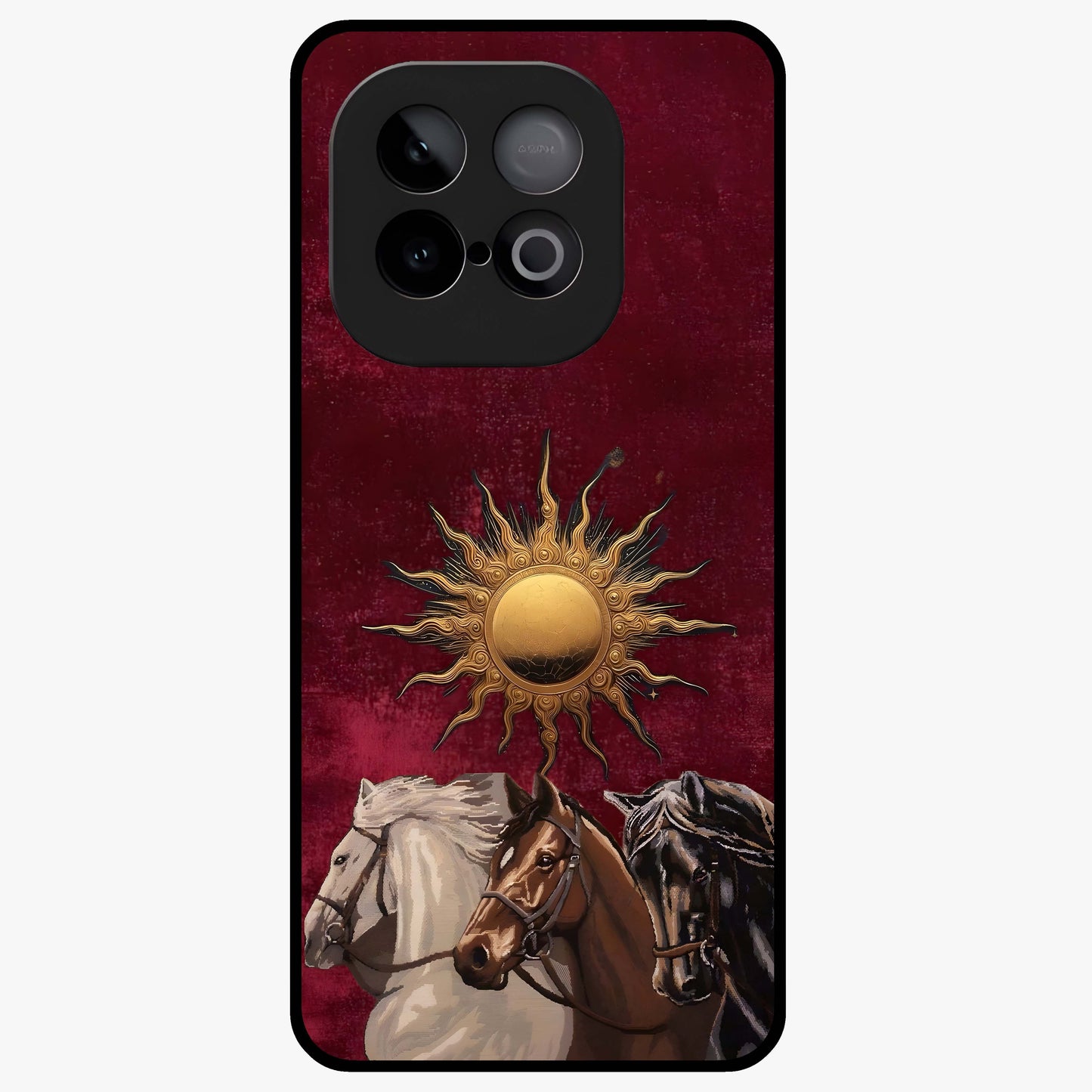 Solar Riders Glass Case showing flat back view with dynamic rider themed artwork and glossy glass finish.