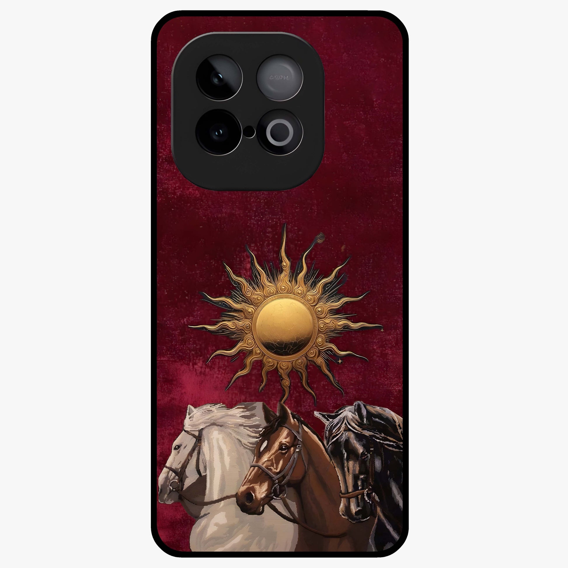 Solar Riders Glass Case showing flat back view with dynamic rider themed artwork and glossy glass finish.
