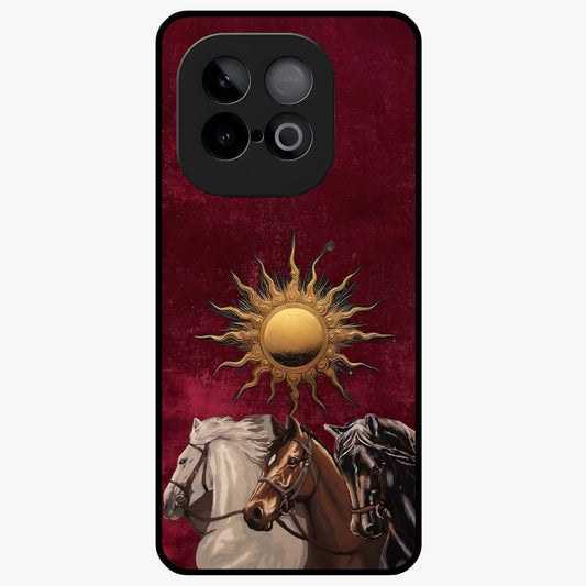 Solar Riders Glass Case showing flat back view with dynamic rider themed artwork and glossy glass finish.