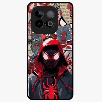 Spider Collage Street Glass Case showing flat back view with vibrant superhero collage artwork and glossy glass finish.
