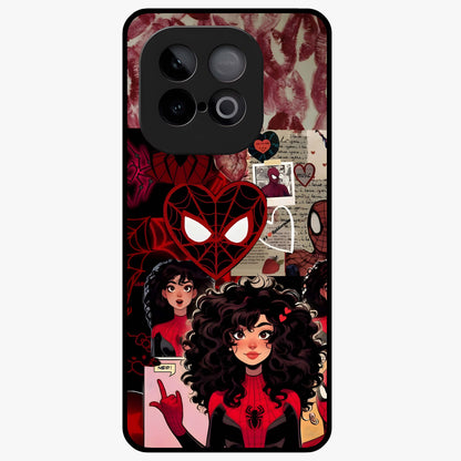 Spider Love Story Glass Case showing flat back view with romantic superhero themed artwork and glossy glass finish.