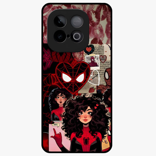 Spider Love Story Glass Case showing flat back view with romantic superhero themed artwork and glossy glass finish.