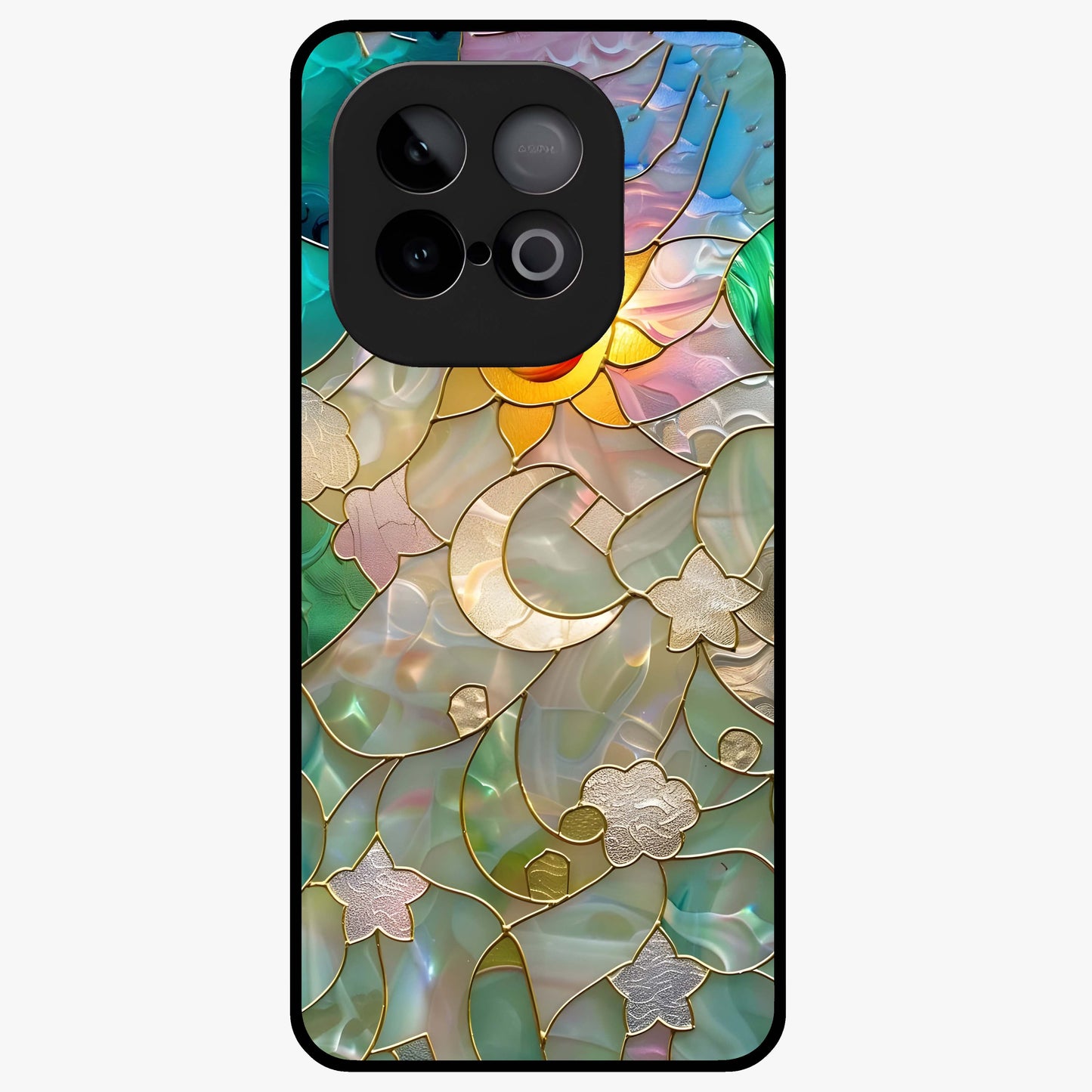 Stained Sunrise Glow Glass Case showing flat back view with glowing sunrise stained pattern artwork and glossy glass finish.