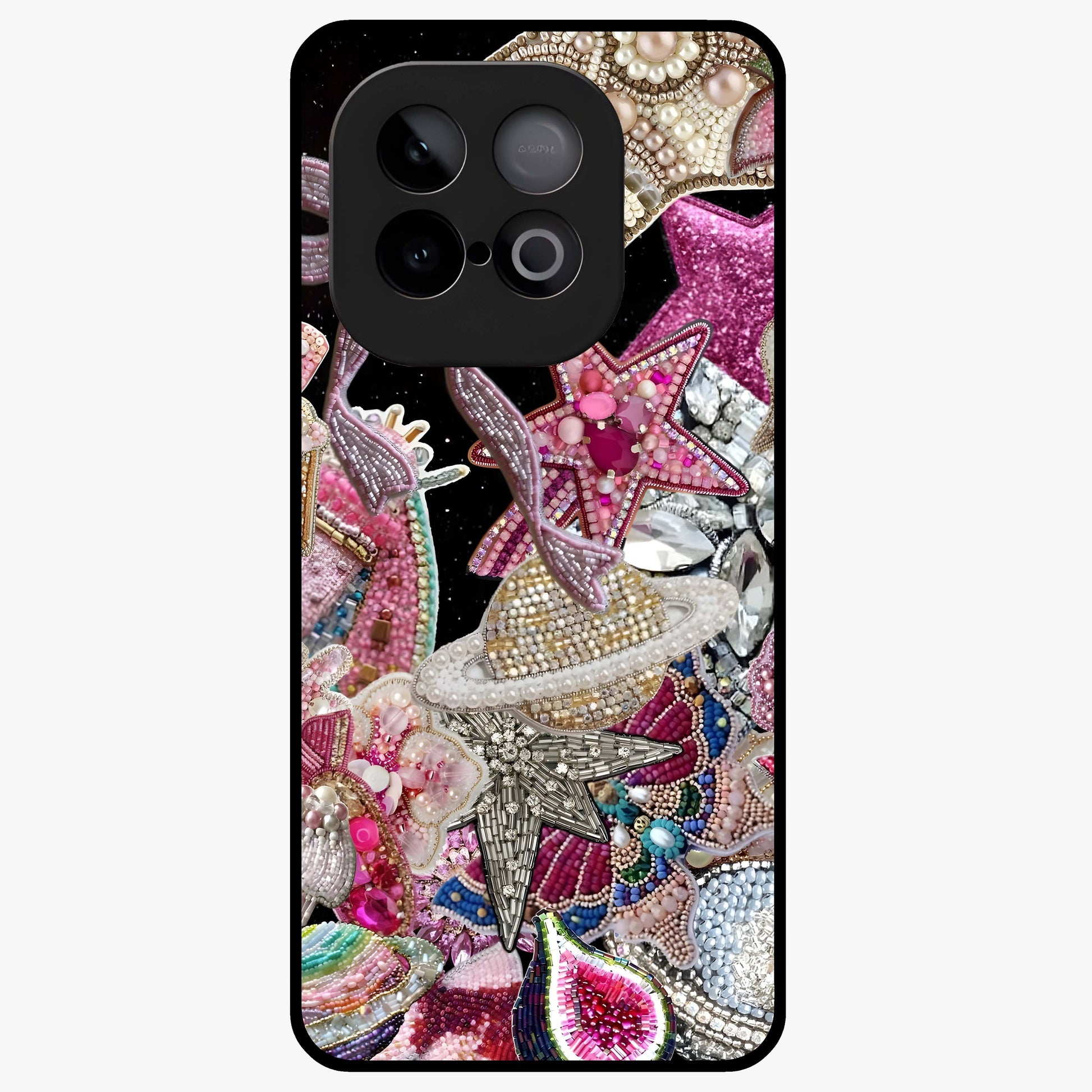 Starlit Jewel Dream Glass Case showing flat back view with sparkling jewel and star themed artwork and glossy glass finish.