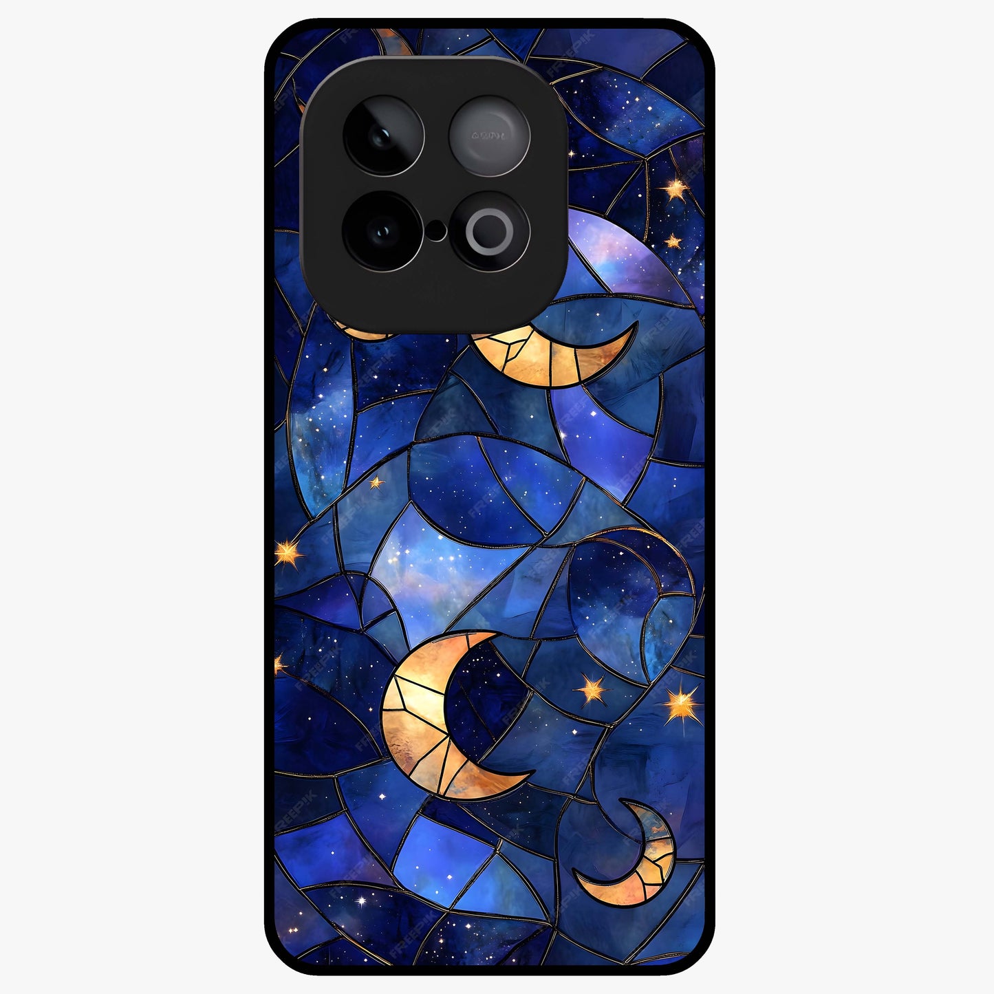 Starlit Sky Tapestry Glass Case showing flat back view with decorative starry sky tapestry artwork and glossy glass finish.
