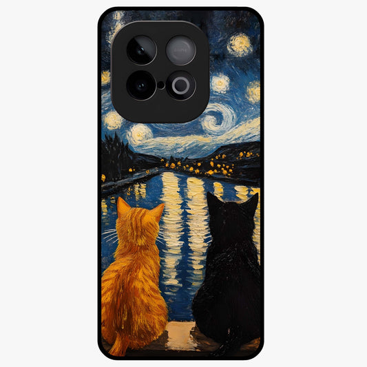 Starry River Cats Glass Case showing flat back view with cats by a starry river artwork and glossy glass finish.