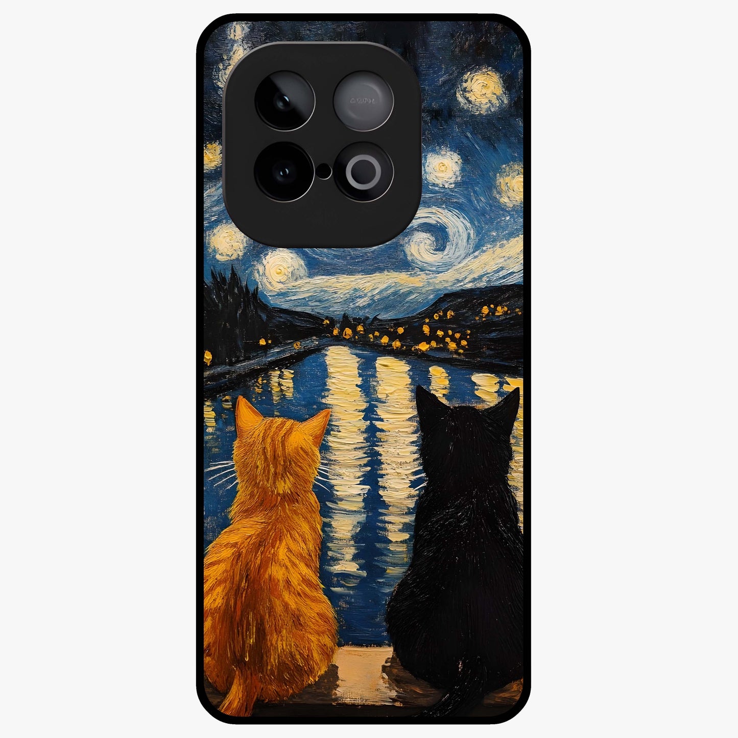 Starry River Cats Glass Case showing flat back view with cats by a starry river artwork and glossy glass finish.