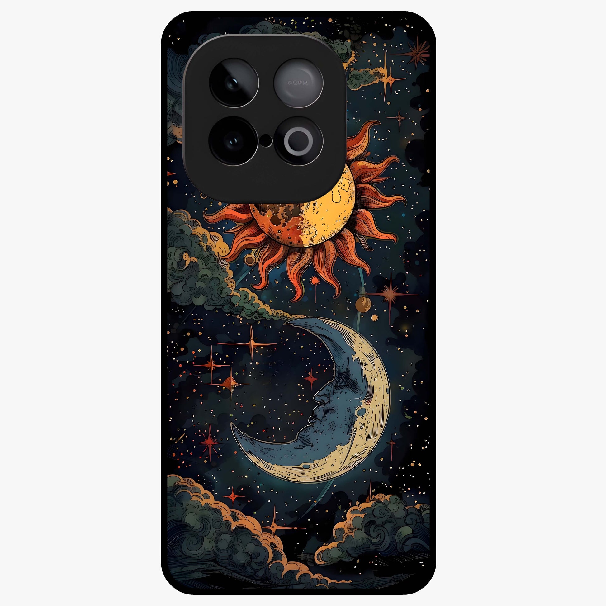 Sun And Moon Magic Design Glass Case showing flat back view with mystical sun and moon artwork and glossy glass finish.