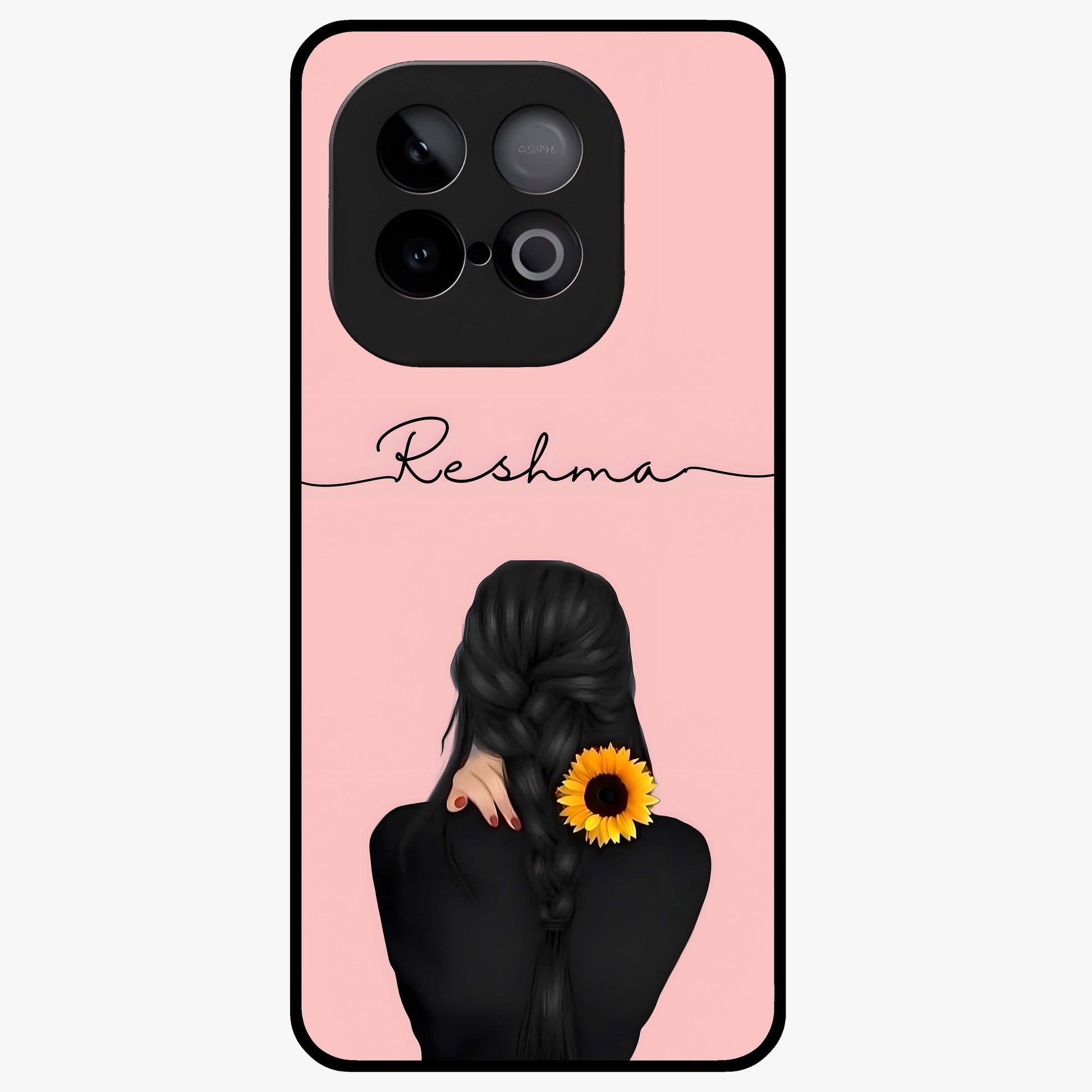 Sunflower Braid Beauty With Custom Name Glass Case showing flat back view with sunflower braid artwork and personalized name design.