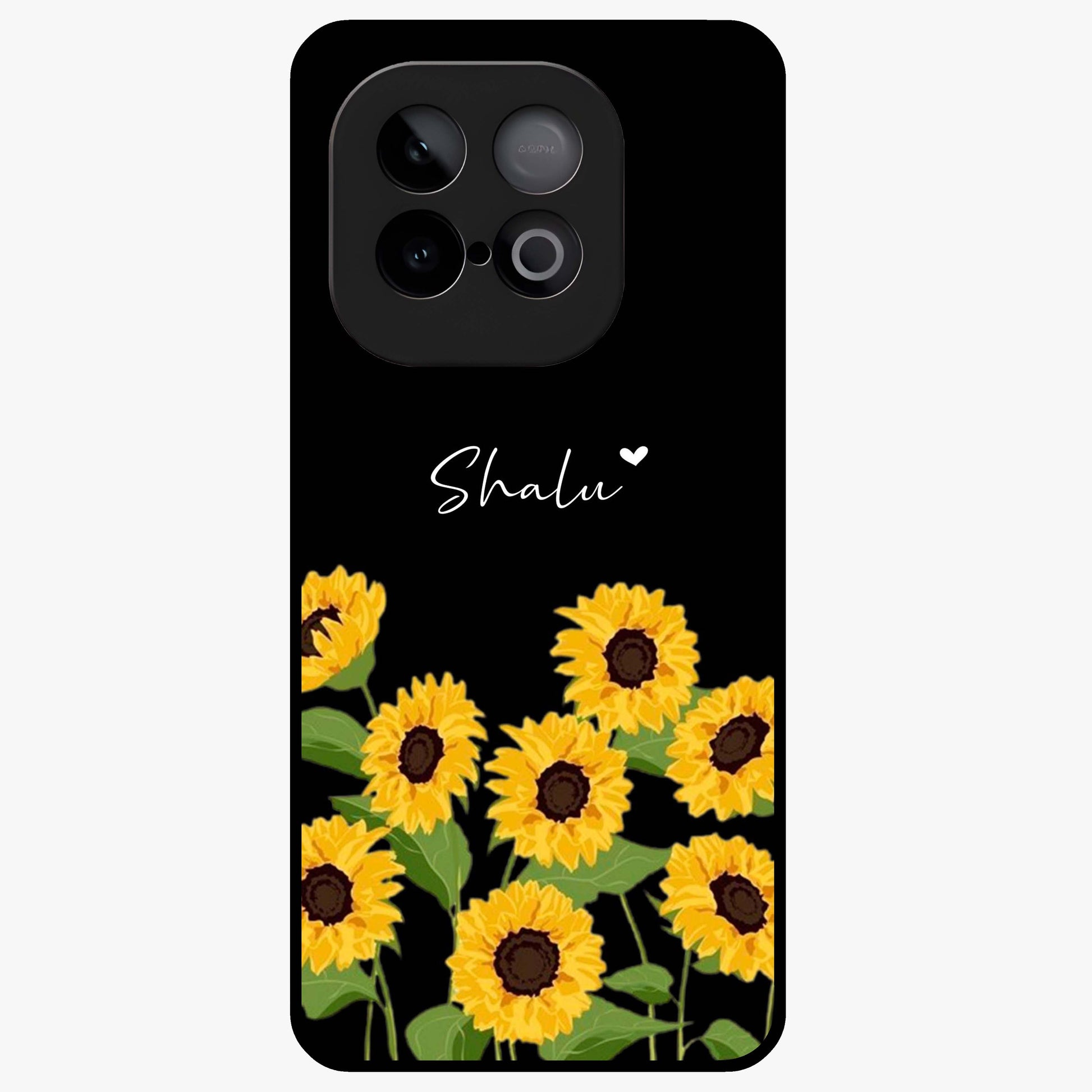 Sunflower Chic Mood Custom Name Glass Case showing flat back view with stylish sunflower artwork and personalized name design.
