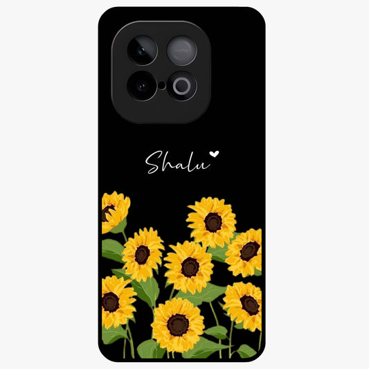 Sunflower Chic Mood Custom Name Glass Case showing flat back view with stylish sunflower artwork and personalized name design.
