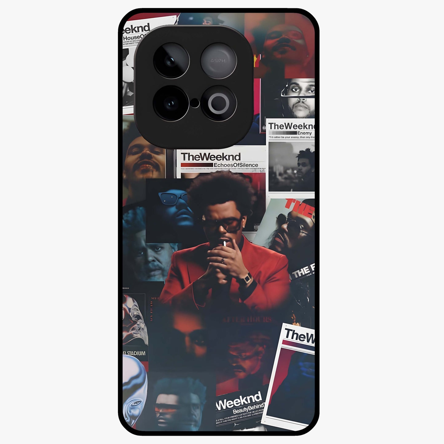 The Weeknd Glass Case showing flat back view with music inspired artistic portrait artwork and glossy glass finish.