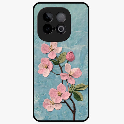 Threaded Blossom Breeze Glass Case showing flat back view with delicate blossom artwork and glossy glass finish.