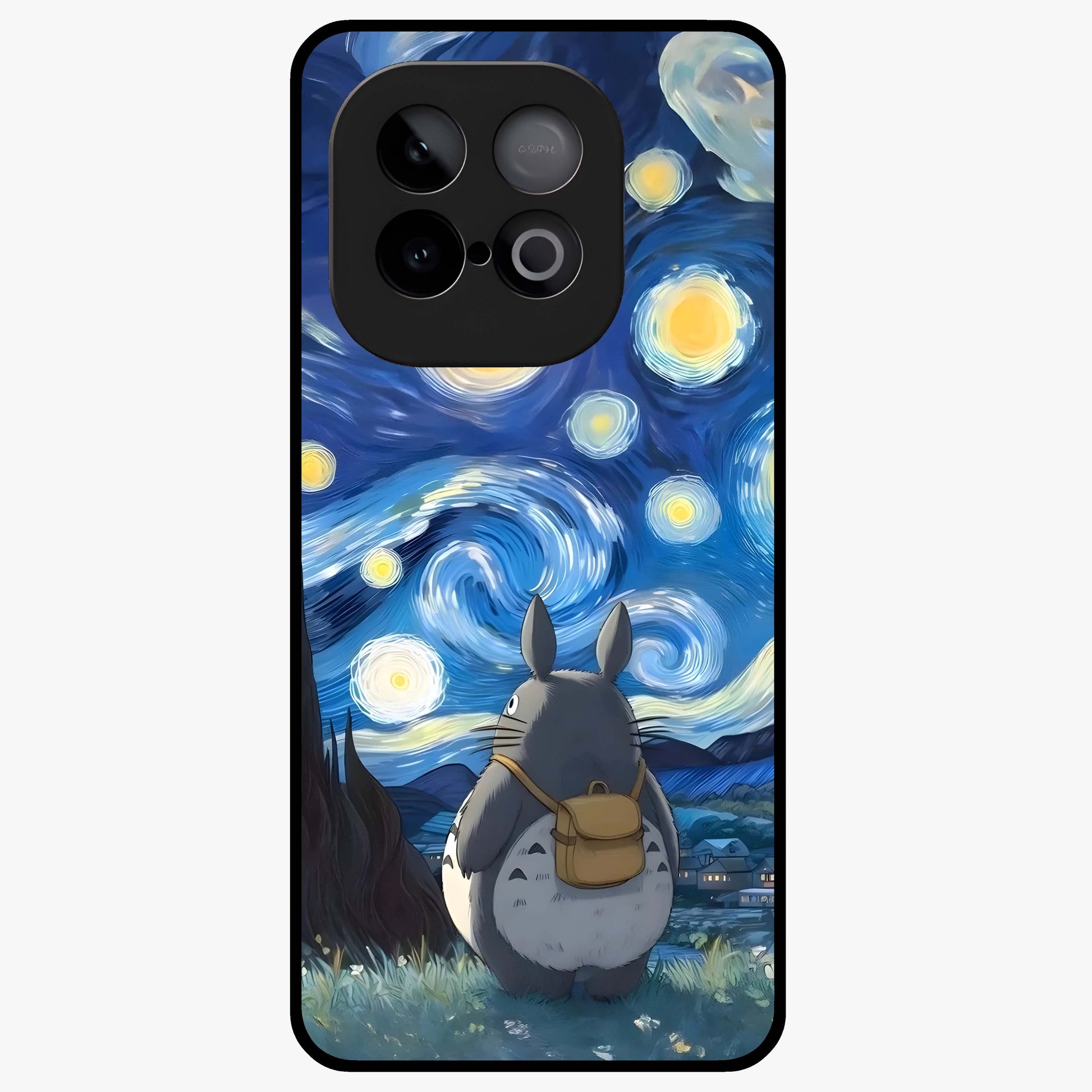 Totoro In Van Gogh Art Glass Case showing flat back view with whimsical character artwork inspired by Van Gogh style and glossy glass finish.