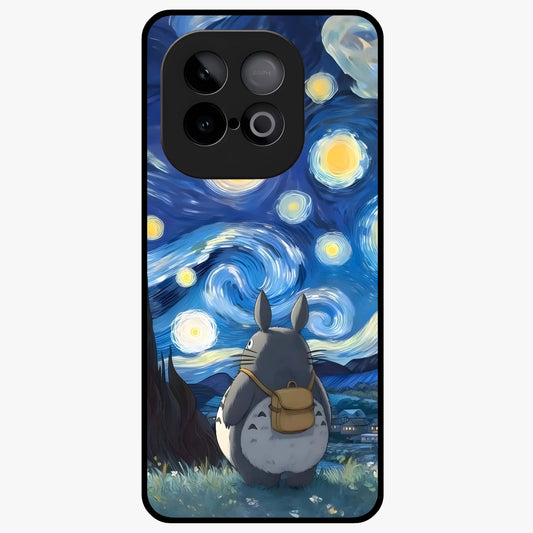 Totoro In Van Gogh Art Glass Case showing flat back view with whimsical character artwork inspired by Van Gogh style and glossy glass finish.