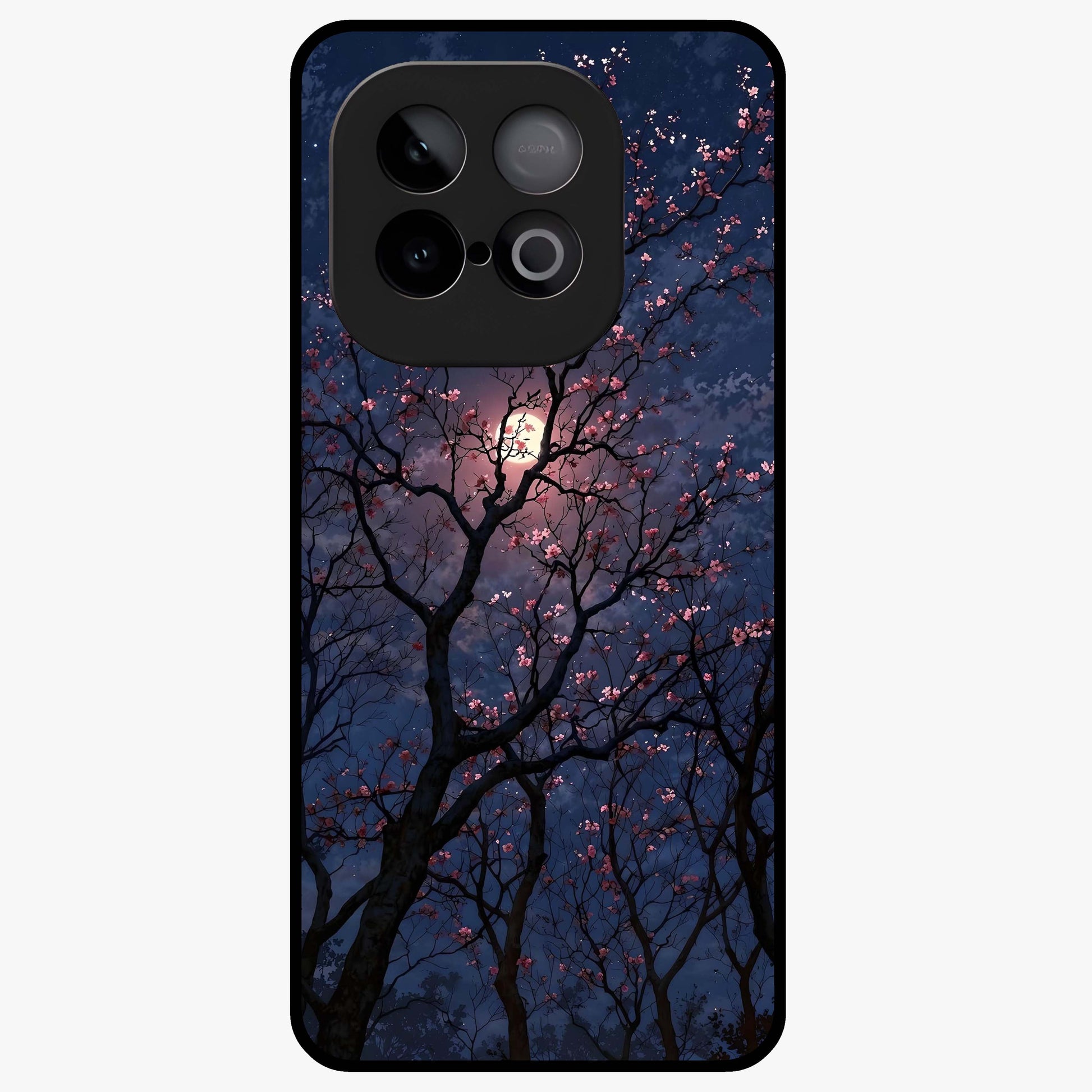 Twilight Sakura Serenade Glass Case showing flat back view with cherry blossom artwork at twilight and glossy glass finish.