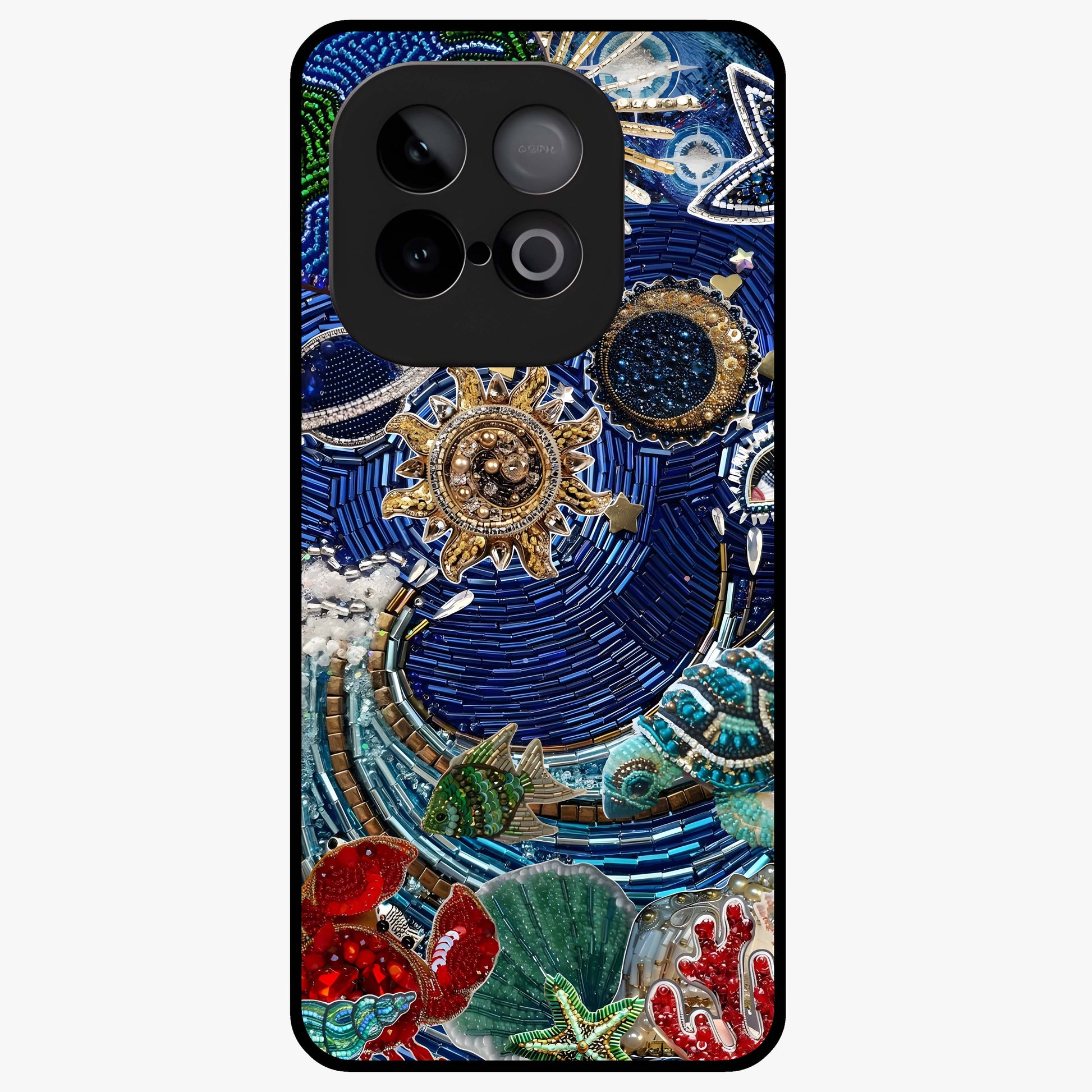 Universe Underwater Spark Glass Case showing flat back view with cosmic underwater themed artwork and glossy glass finish.