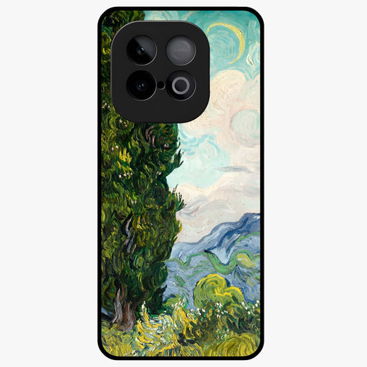 Van Gogh Vintage Art Glass Case showing flat back view with vintage painterly artwork inspired by Van Gogh style and glossy glass finish.