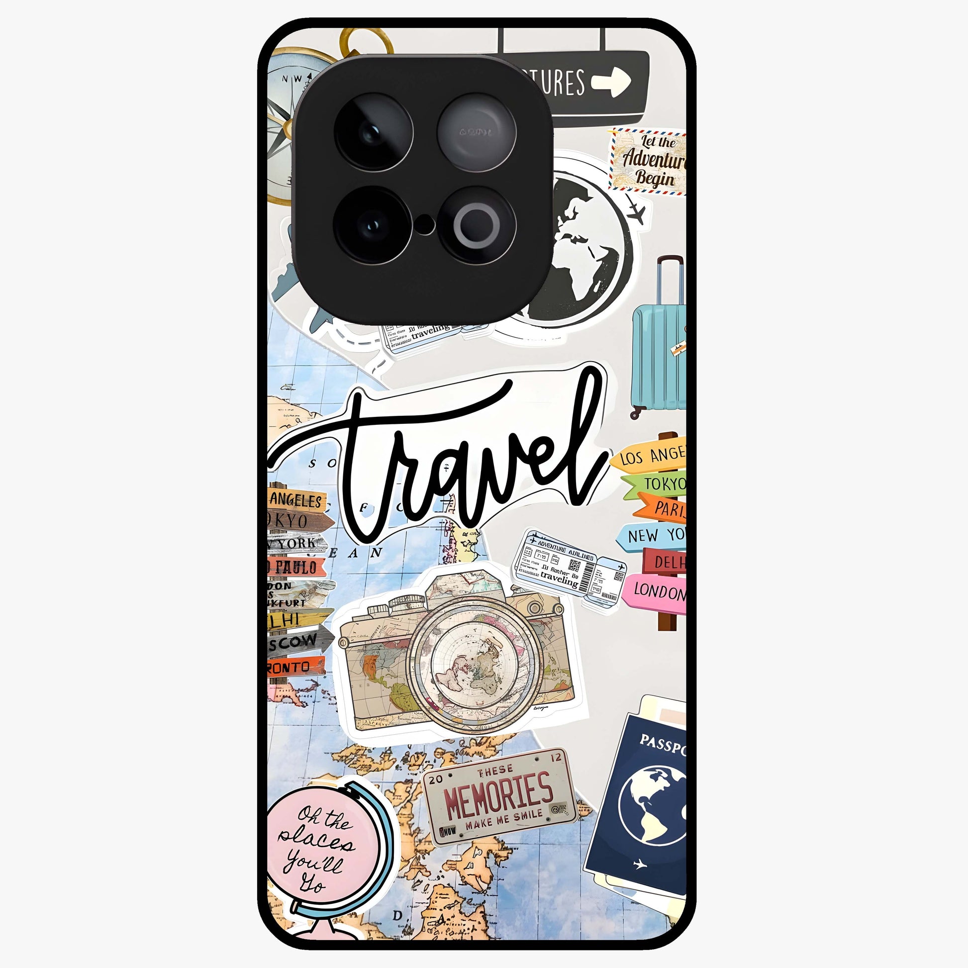 Wanderlust Journal Glass Case showing flat back view with travel inspired artwork and glossy glass finish.