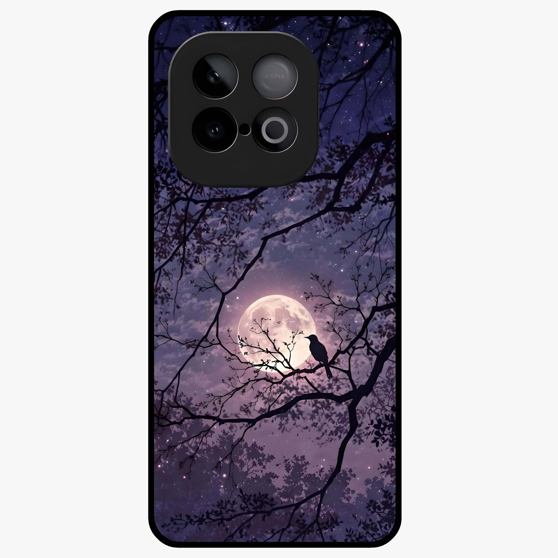 Whispering Moon Silence Glass Case showing flat back view with serene moon themed artwork and glossy glass finish.