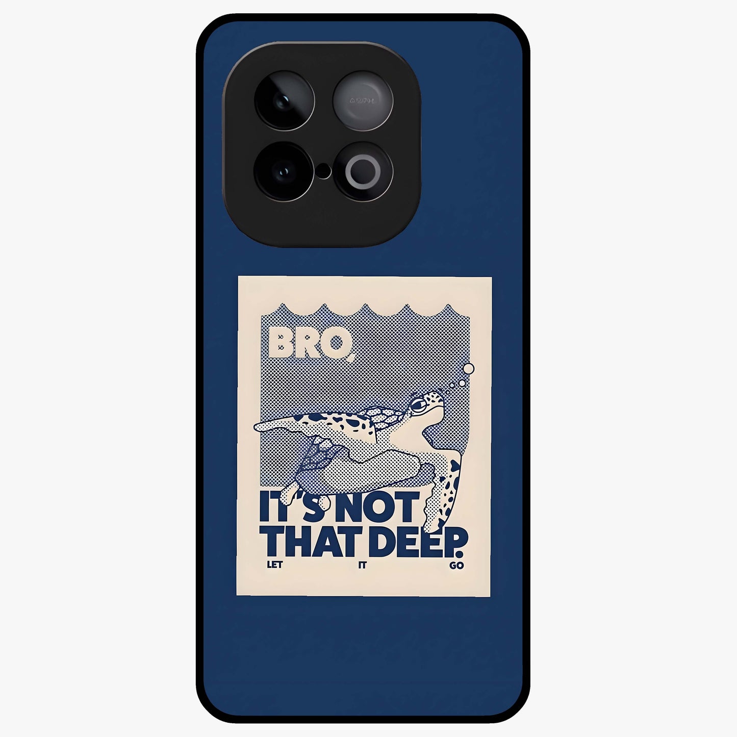 Worry Less Swim Glass Case showing flat back view with playful motivational artwork and glossy glass finish.
