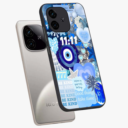 Aesthetic Be Kind Eye Glass Case displayed in angled mockup highlighting aesthetic eye design and inspirational vibe.