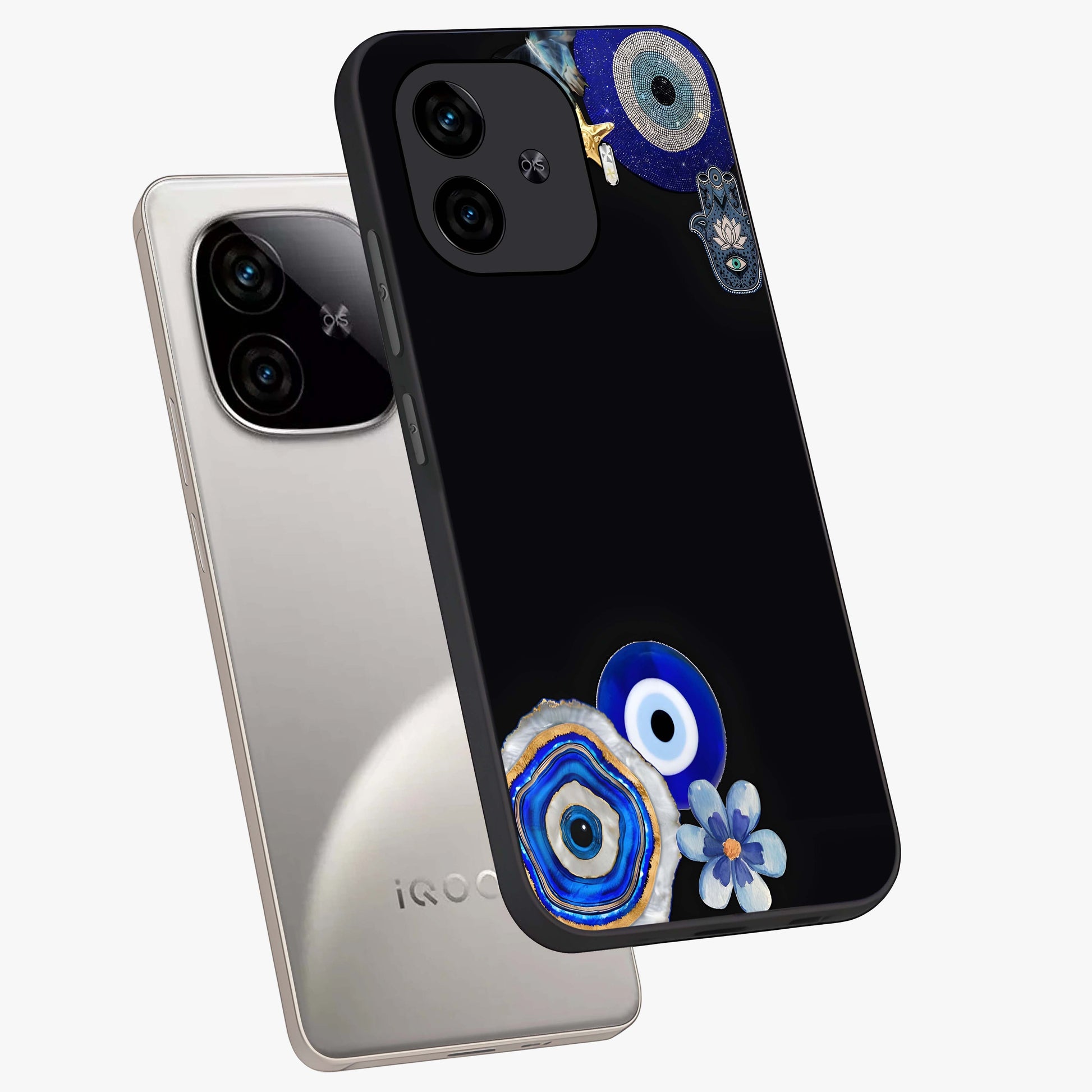 Aesthetic Blue Evil Eye Glass Case displayed in angled mockup highlighting blue evil eye symbol and spiritual aesthetic design.