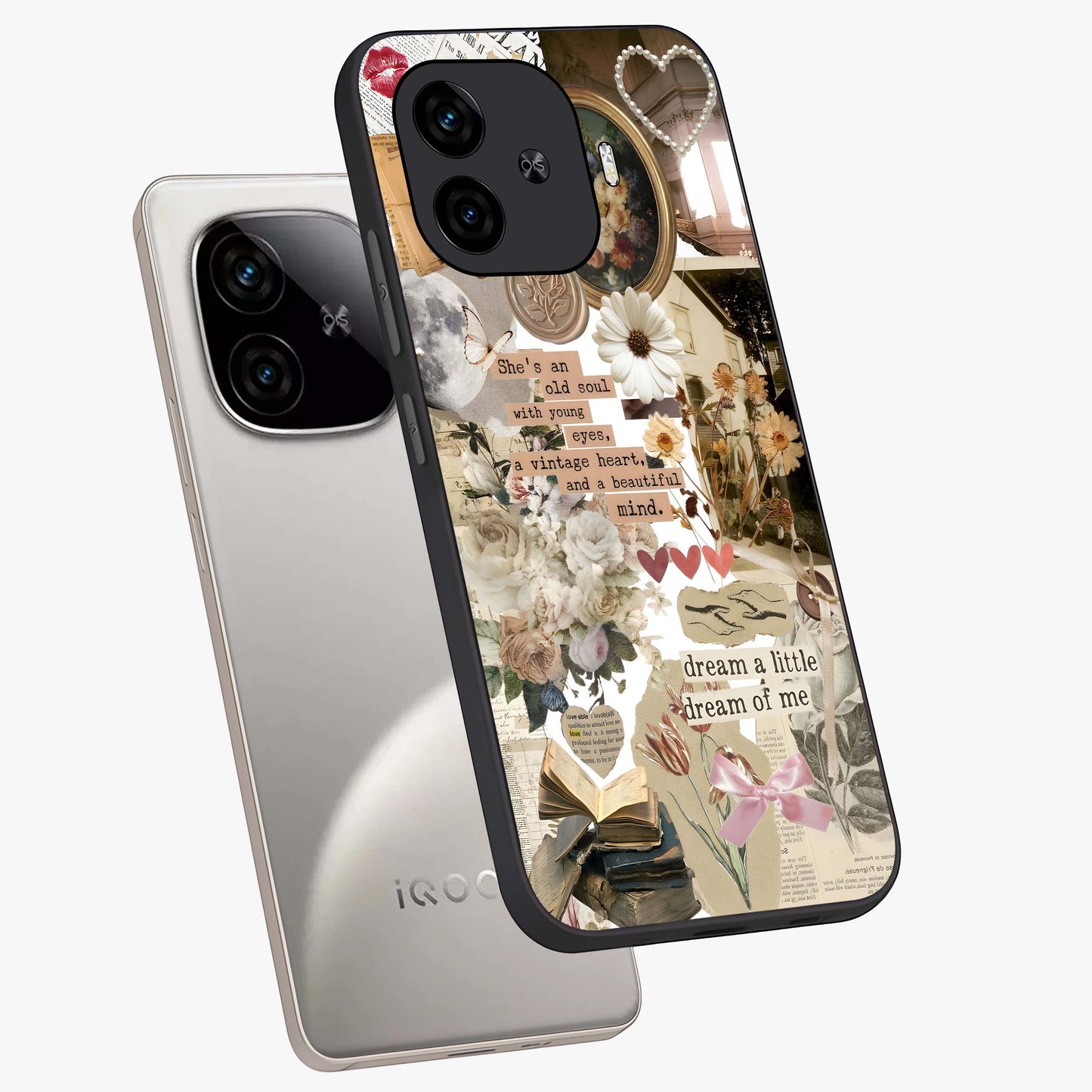 Aesthetic Brown Vintage Collage Glass Case displayed in angled mockup highlighting vintage aesthetic collage design.