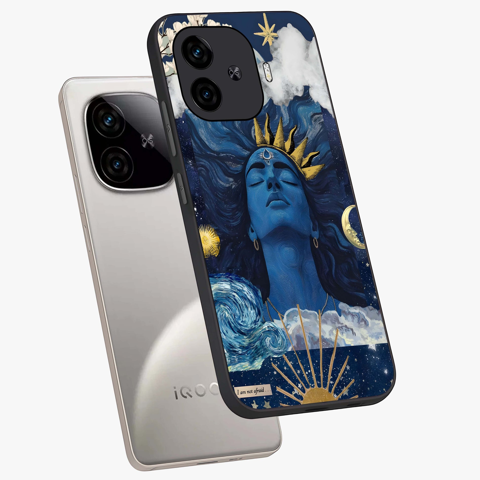 Aesthetic Lord Shiva Glass Case displayed in angled mockup highlighting spiritual Shiva illustration and sacred aesthetic design.