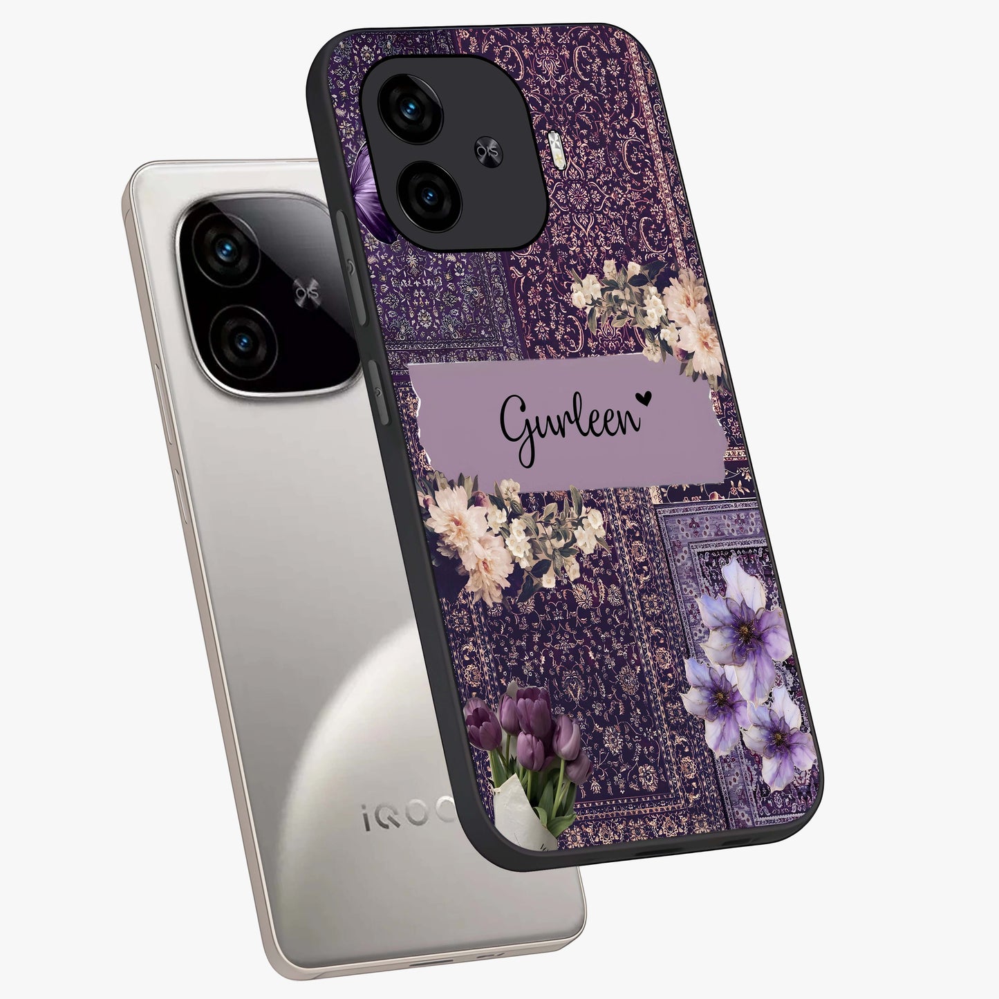 Antique Floral Whisper Custom Name Glass Case displayed in angled mockup highlighting elegant antique floral aesthetic.