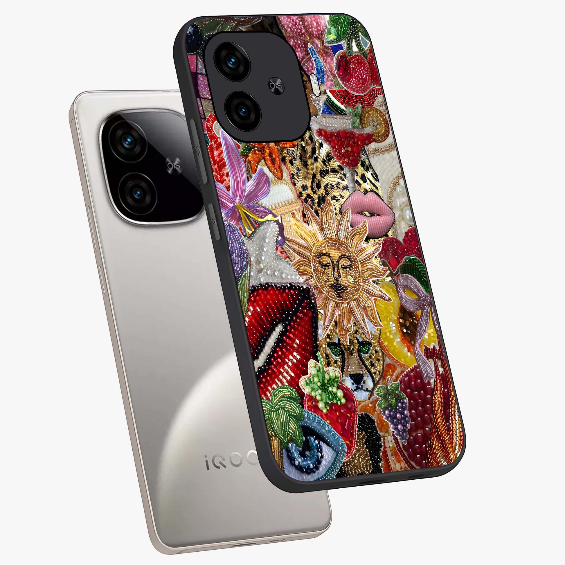 Beaded Fashion Jungle Glass Case displayed in angled mockup highlighting colorful fashion bead design and artistic pattern.