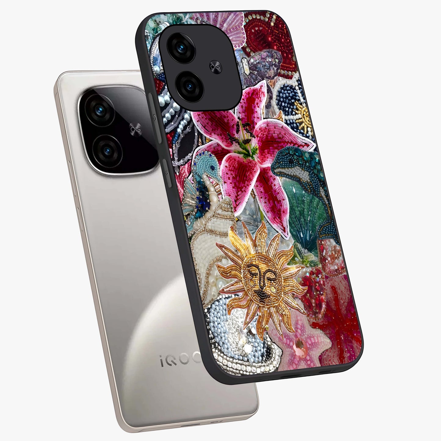 Beaded Garden Fantasy Glass Case displayed in angled mockup highlighting fantasy inspired floral bead pattern.