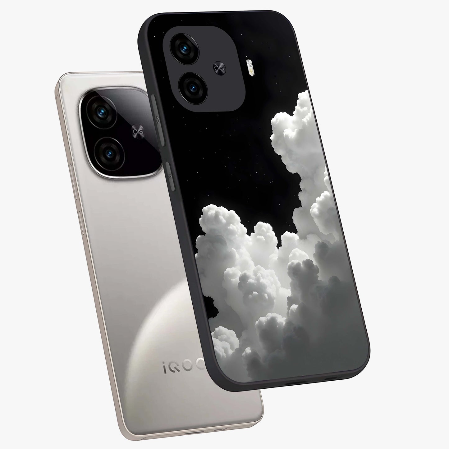 Black Background With White Cloud Glass Case displayed in angled mockup highlighting soft white cloud illustration and minimal design.