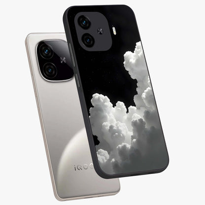 Black Background With White Cloud Glass Case displayed in angled mockup highlighting soft white cloud illustration and minimal design.
