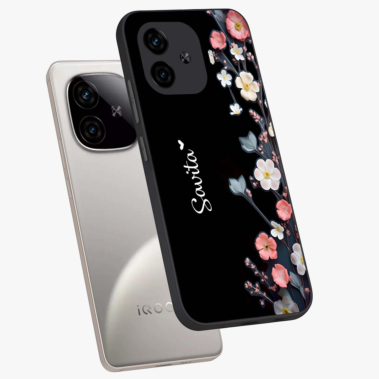 Black Elegance Floral Custom Name Glass Case displayed in angled mockup highlighting dark floral aesthetic and custom name feature.