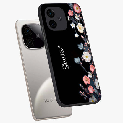 Black Elegance Floral Custom Name Glass Case displayed in angled mockup highlighting dark floral aesthetic and custom name feature.