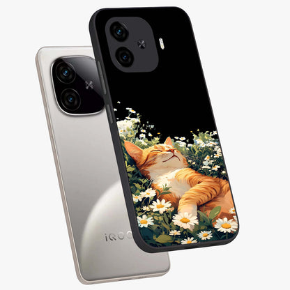 Blissful Bloom Cat Glass Case displayed in angled mockup highlighting playful feline illustration with soft floral aesthetic.