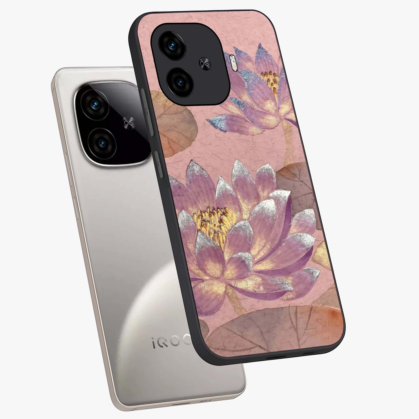 Blossom Mist Lotus Glass Case displayed in angled mockup highlighting delicate lotus illustration with calm aesthetic theme.