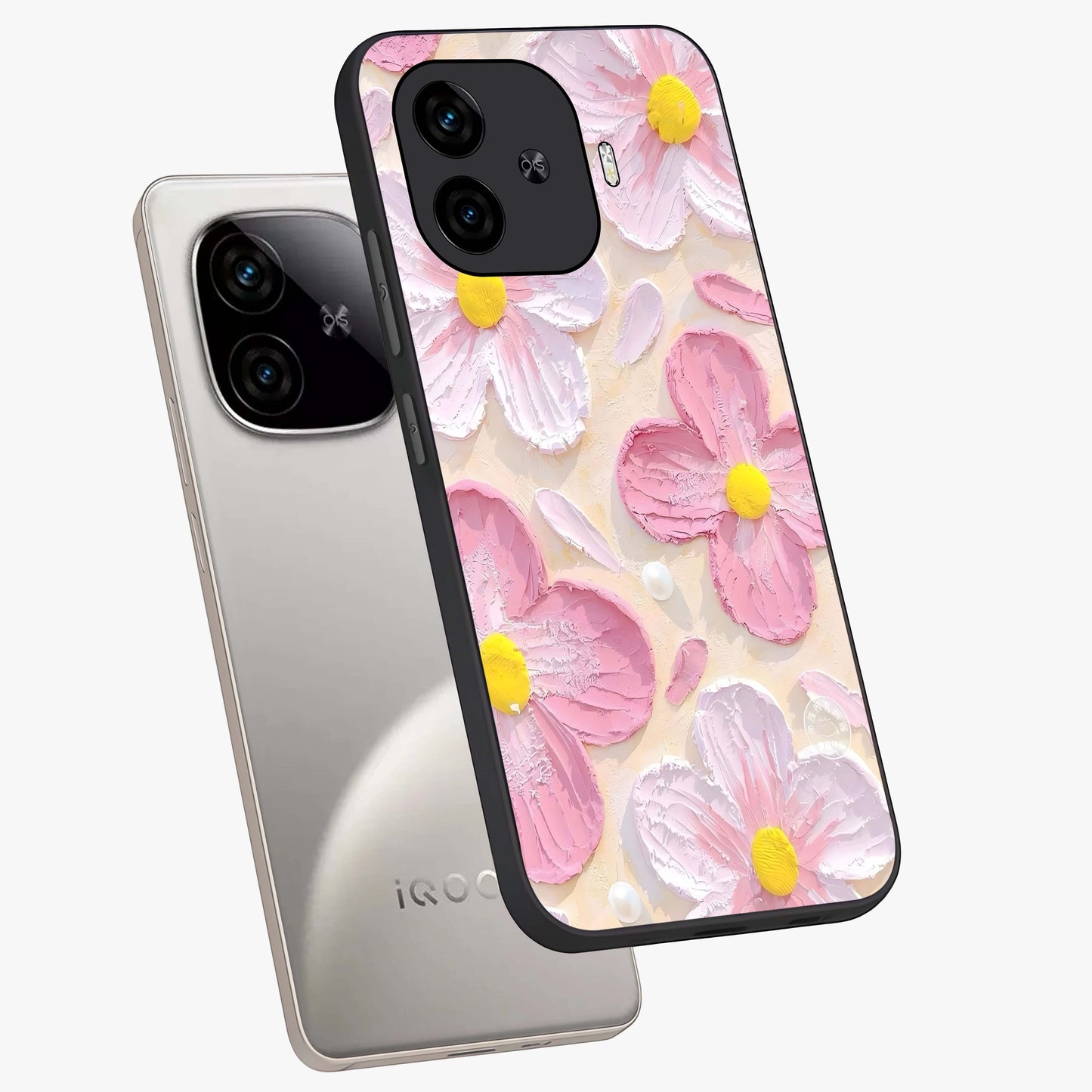 Blush Bloom Texture Glass Case displayed in angled mockup highlighting subtle bloom pattern with aesthetic pastel design.