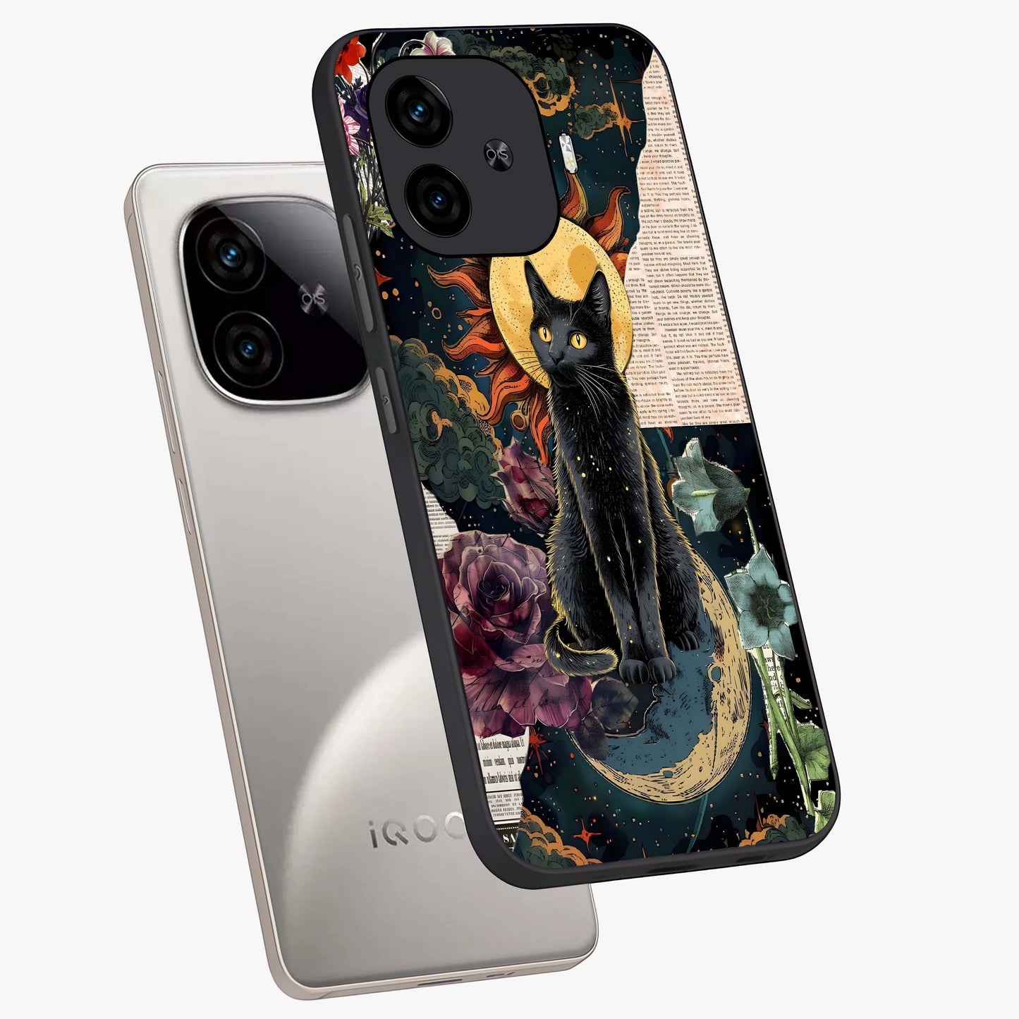 Celestial Black Cat Glass Case displayed in angled mockup highlighting cosmic black cat design with celestial aesthetic.