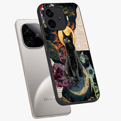 Celestial Black Cat Glass Case displayed in angled mockup highlighting cosmic black cat design with celestial aesthetic.