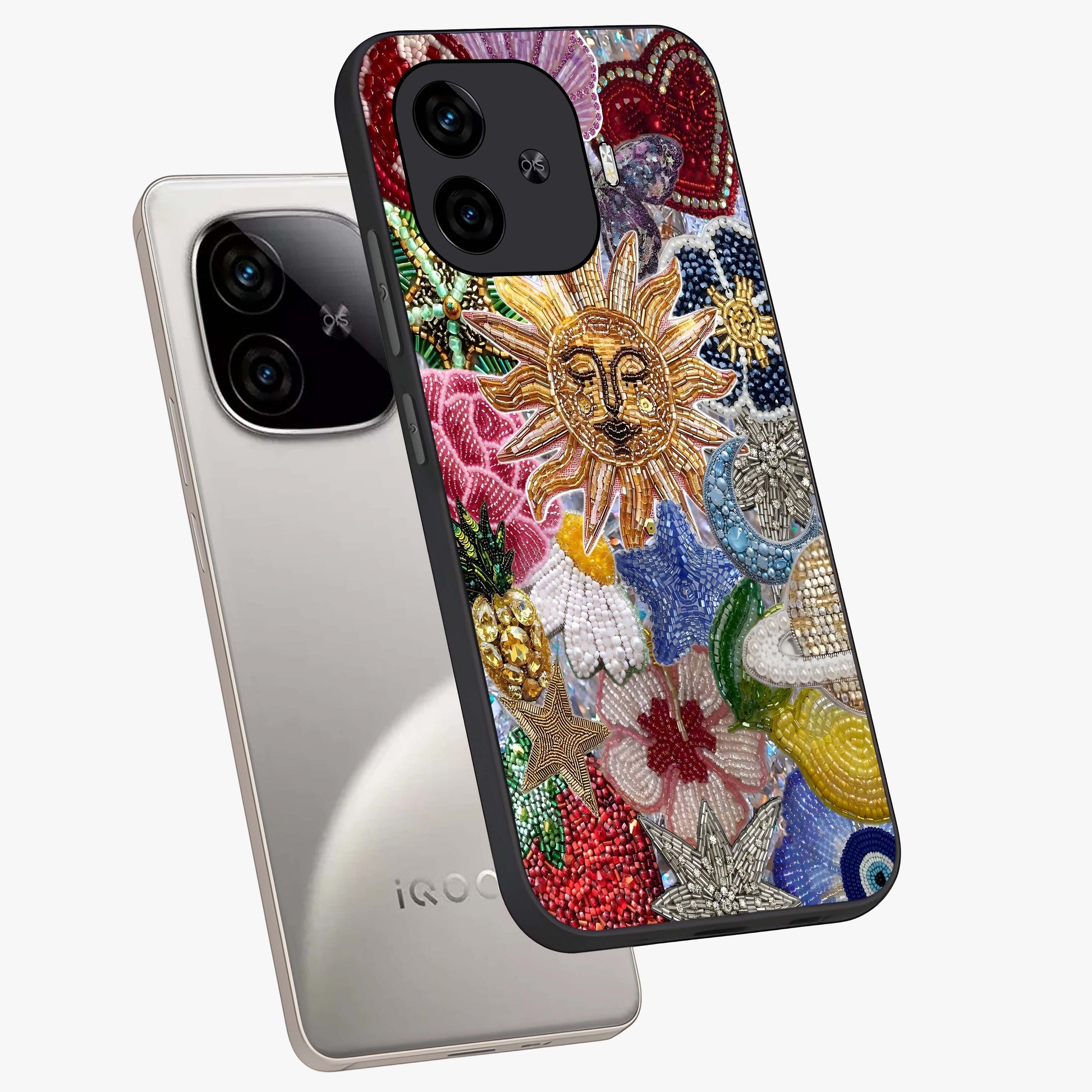 Celestial Floral and Playful Glass Case displayed in angled mockup highlighting playful floral design with dreamy celestial elements.